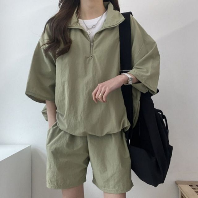 바스락 아노락 바람막이 반바지 세트 카키