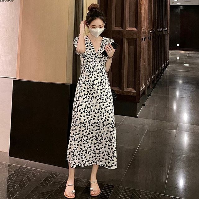 반팔 브이넥 꽃무늬 원피스 여름 여성 비치룩 예쁜