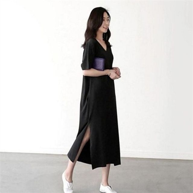 박시핏 여성 롱 원피스 절개 브이넥 원피스 데일리 여름